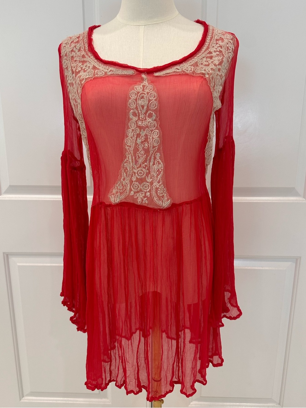 Free People Red Sheer Lace-Accent Long Sleeve Mini Dress